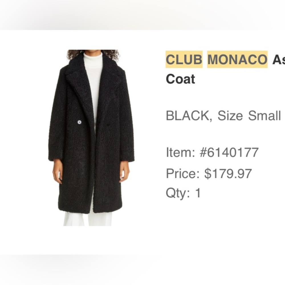 Club Monaco Charcoal Astrakhan Faux Fur Coat